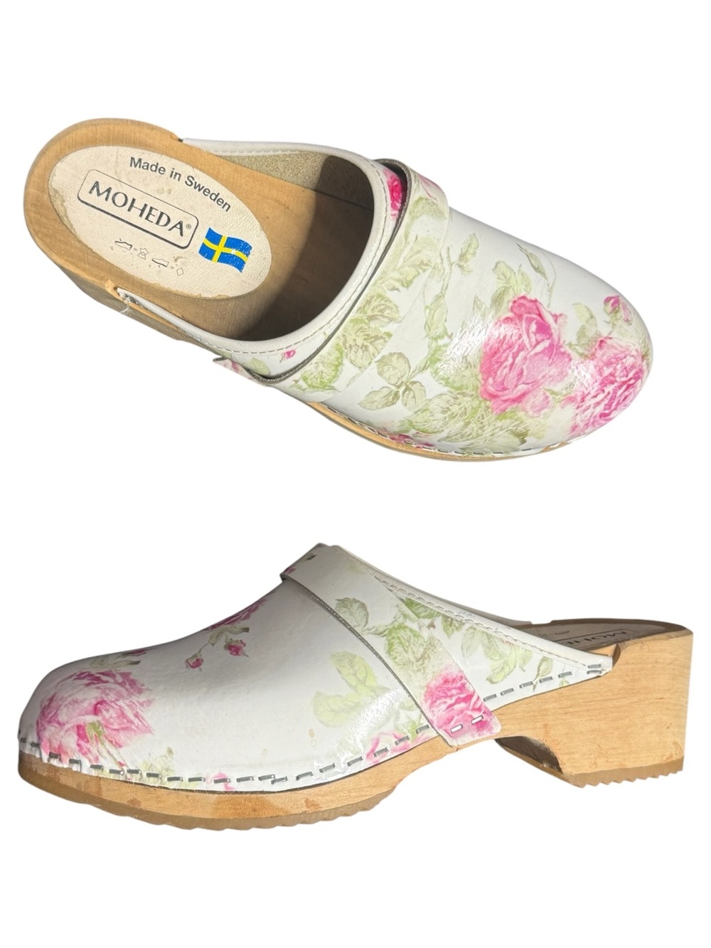 Moheda Swedish Clogs - White w/ Pink Flowers - Sz 38